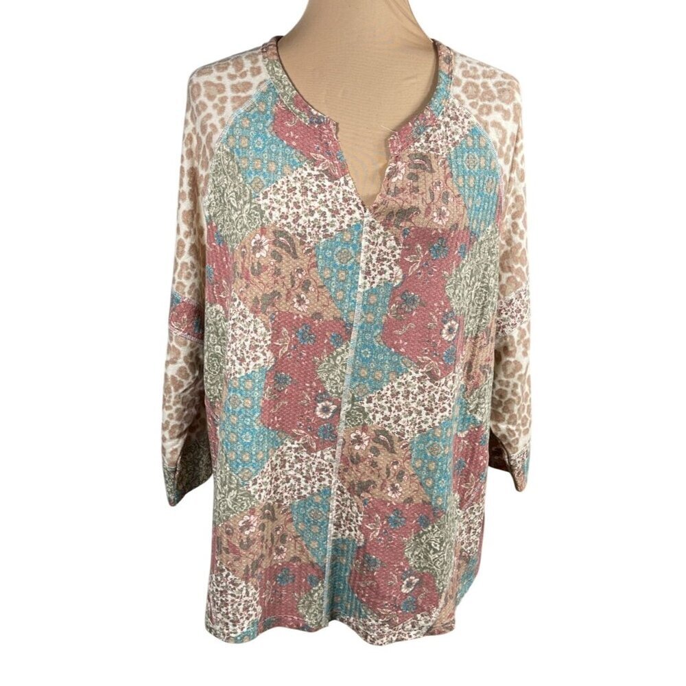 Cato Women's Tunic T-Shirt Top Calico Green Pink Waffle Size 18/20